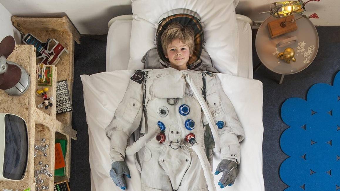 Pack parure de couette enfant 140x200 cm Astronaute + drap housse 90x190  Blanc